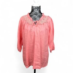 Linen Peasant Blouse Crochet Trim 3/4 Sleeve Tunic Medium Boho Cottagecore